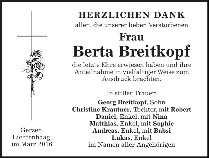 Traueranzeige Berta Breitkopf