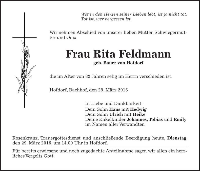 Traueranzeige Rita Feldmann