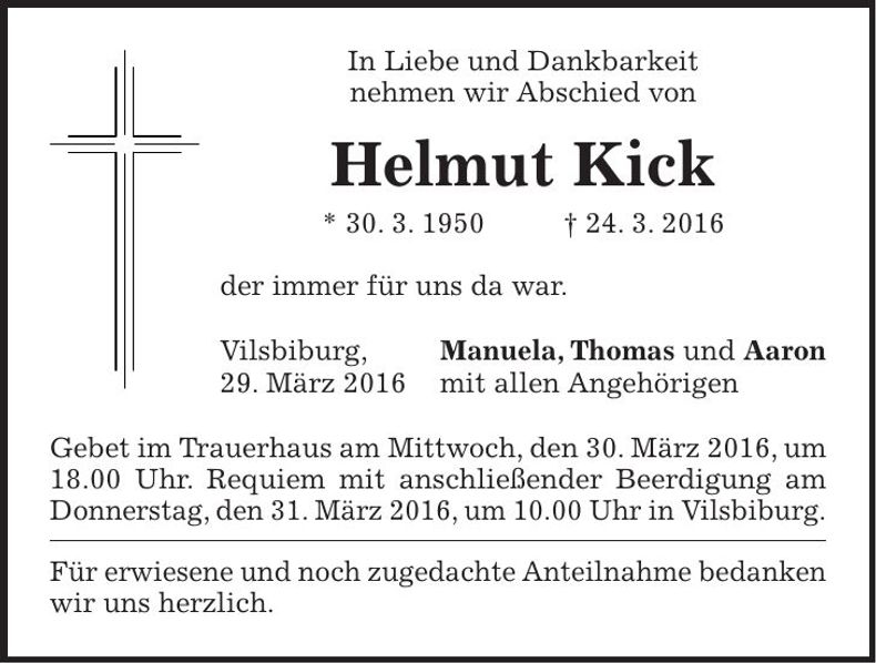 Traueranzeige Helmut Kick