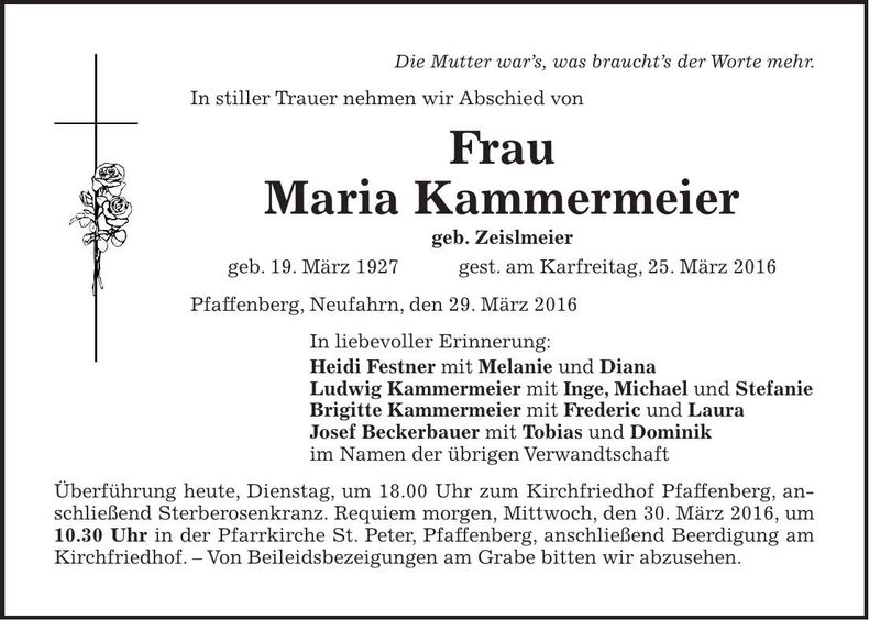 Traueranzeige Maria Kammermeier