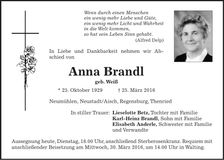 Traueranzeige Anna Brandl