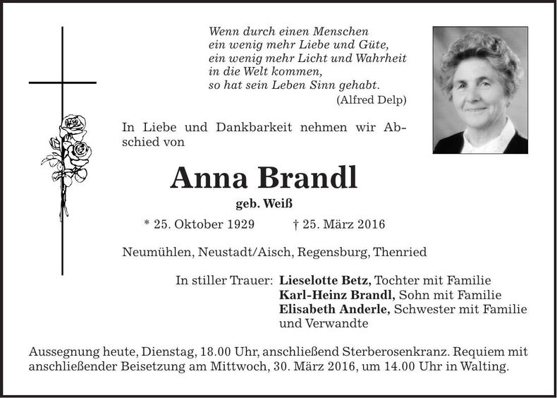 Traueranzeige Anna Brandl
