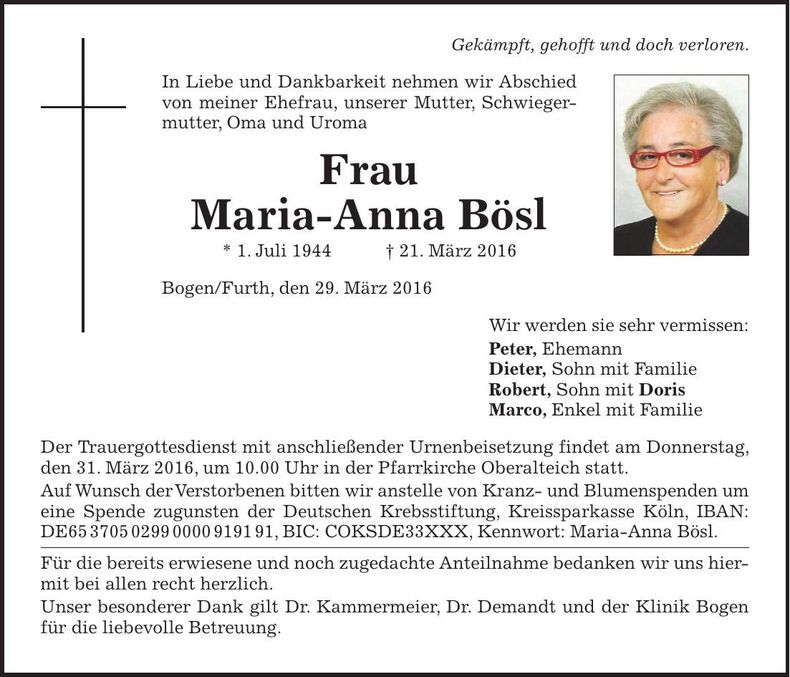 Traueranzeige Maria-Anna Bösl