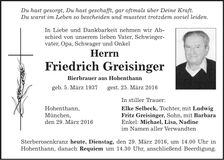 Traueranzeige Friedrich Greisinger