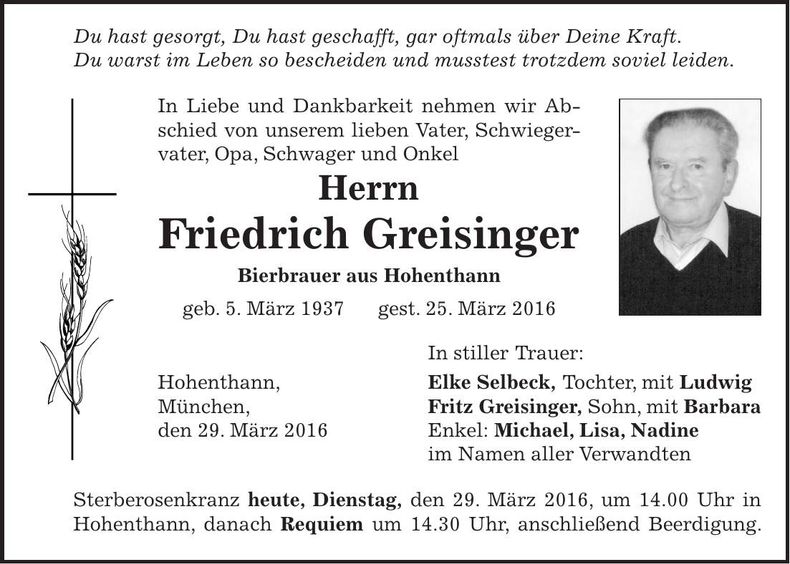 Traueranzeige Friedrich Greisinger