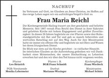 Traueranzeige Maria Reichl