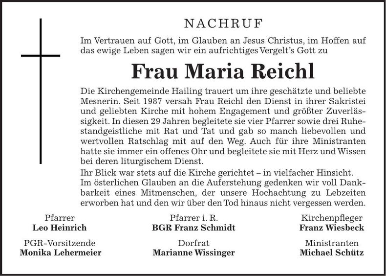 Traueranzeige Maria Reichl