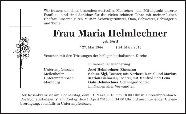 Traueranzeige Maria Helmlechner