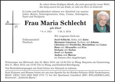 Traueranzeige Maria Schlecht