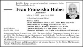Traueranzeige Franziska Huber