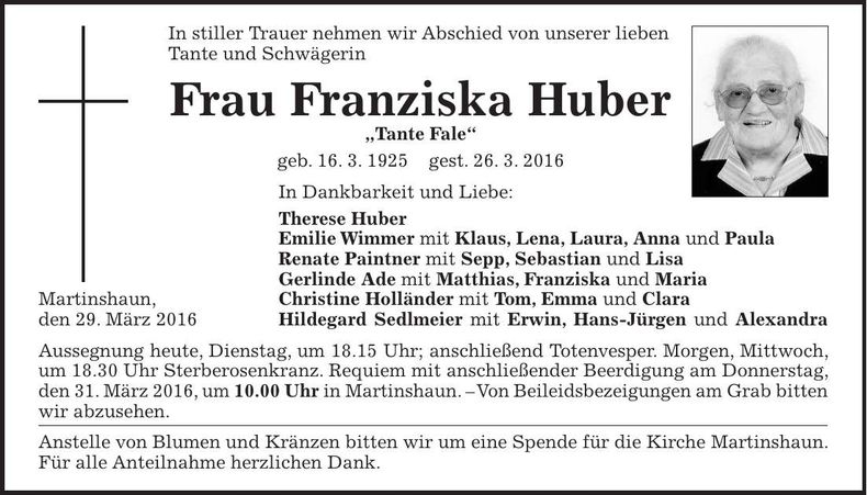 Traueranzeige Franziska Huber
