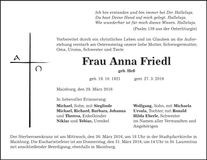 Traueranzeige Anna Friedl