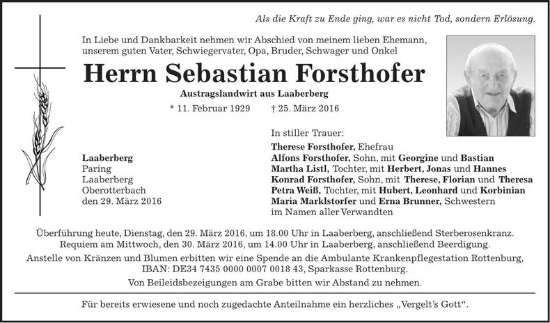 Traueranzeige Sebastian Forsthofer