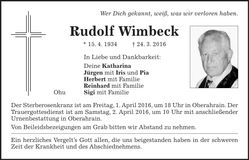 Traueranzeige Rudolf Wimbeck