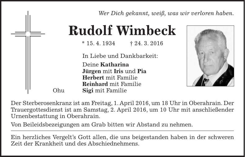 Traueranzeige Rudolf Wimbeck