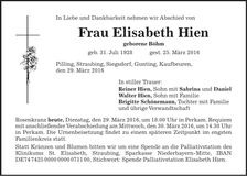 Traueranzeige Elisabeth Hien