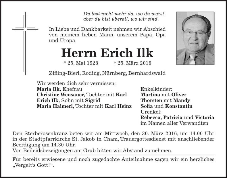 Traueranzeige Erich Ilk