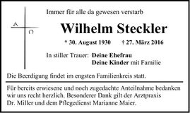 Traueranzeige Wilhelm Steckler