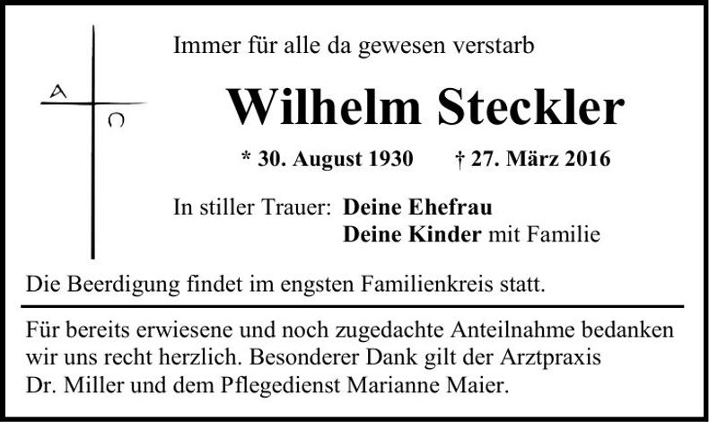 Traueranzeige Wilhelm Steckler