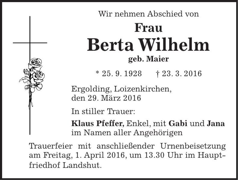 Traueranzeige Berta Wilhelm