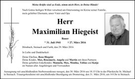 Traueranzeige Maximilian Hiegeist