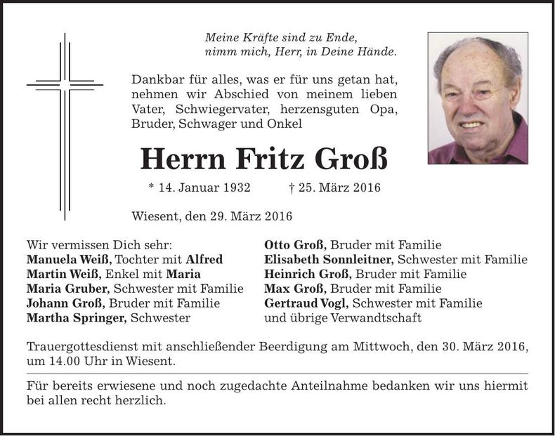 Traueranzeige Fritz Groß