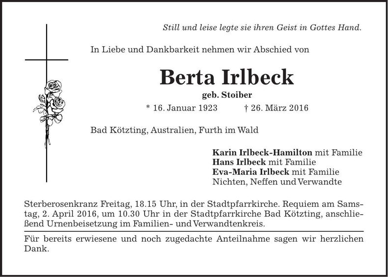 Traueranzeige Berta Irlbeck