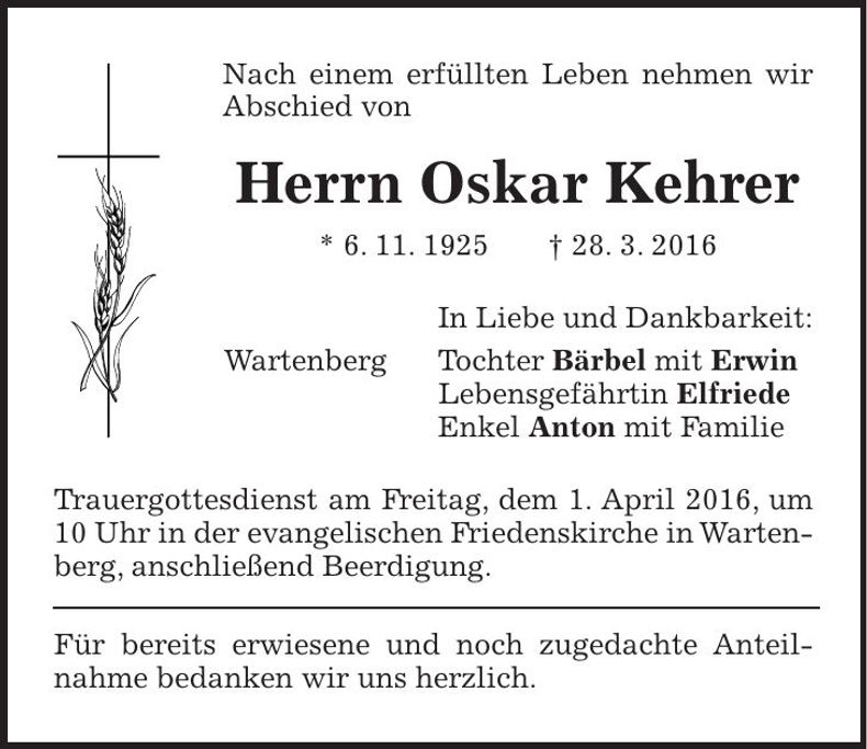 Traueranzeige Oskar Kehrer