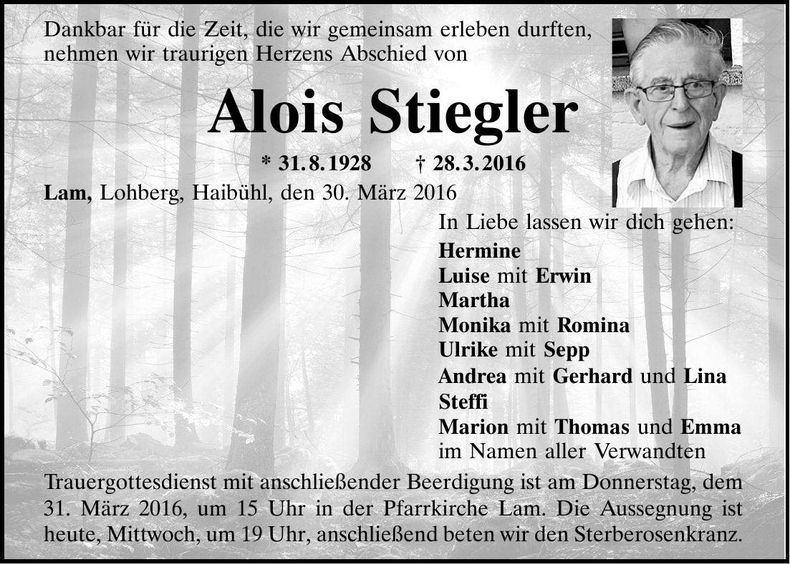 Traueranzeige Alois Stiegler