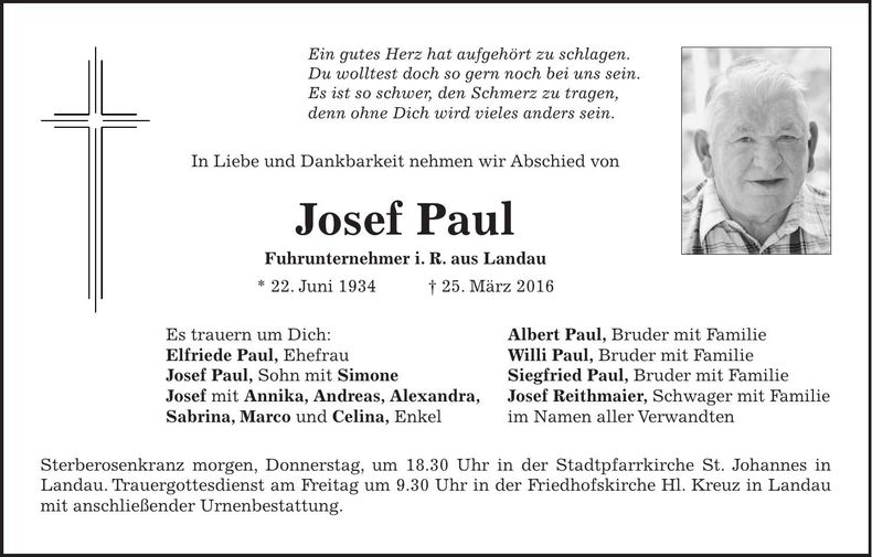Traueranzeige Josef Paul