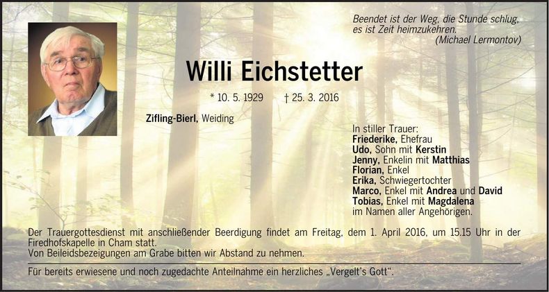 Traueranzeige Willi Eichstetter