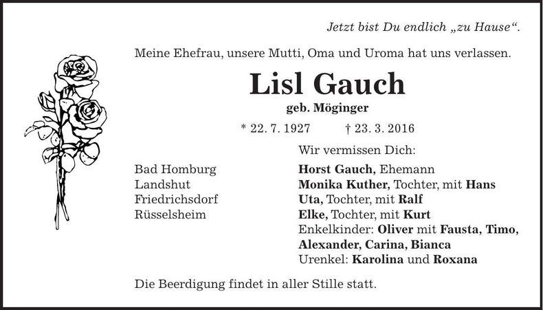 Traueranzeige Lisl Gauch