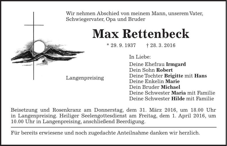 Traueranzeige Max Rettenbeck