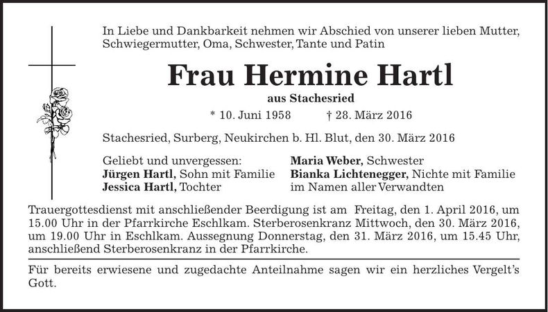 Traueranzeige Hermine Hartl