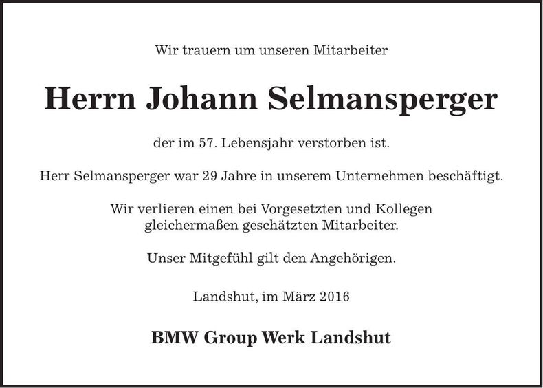 Traueranzeige Johann Selmansperger
