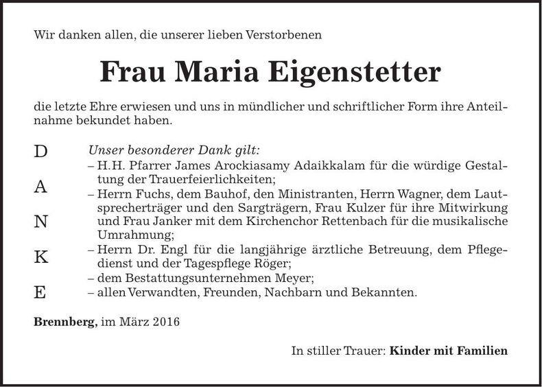 Traueranzeige Maria Eigenstetter