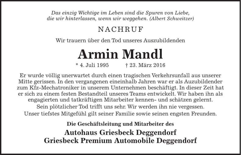Traueranzeige Armin Mandl