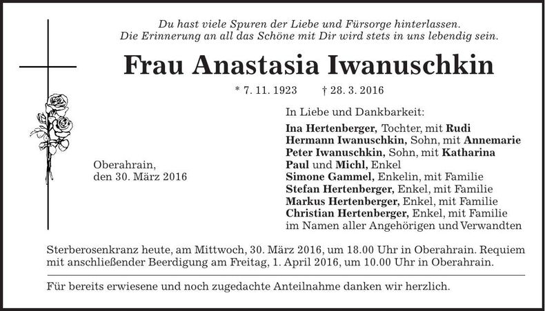 Traueranzeige Anastasia Iwanuschkin
