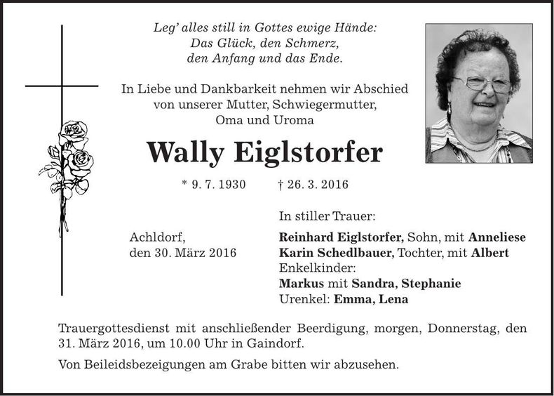 Traueranzeige Wally Eiglstorfer