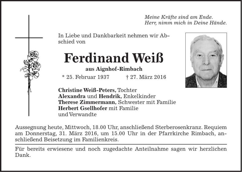 Traueranzeige Ferdinand Weiß