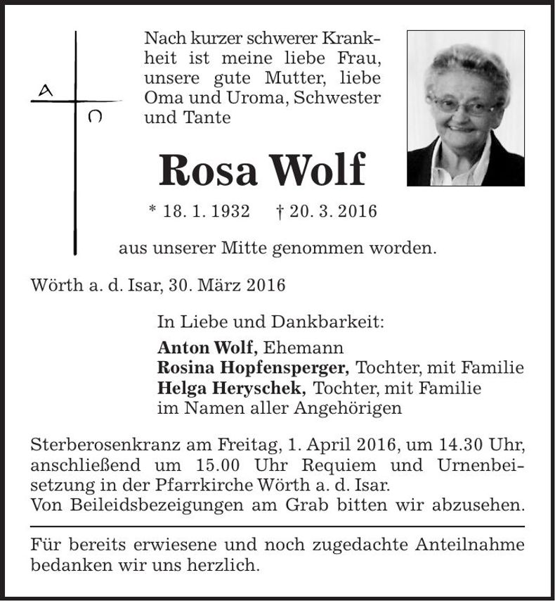 Traueranzeige Rosa Wolf