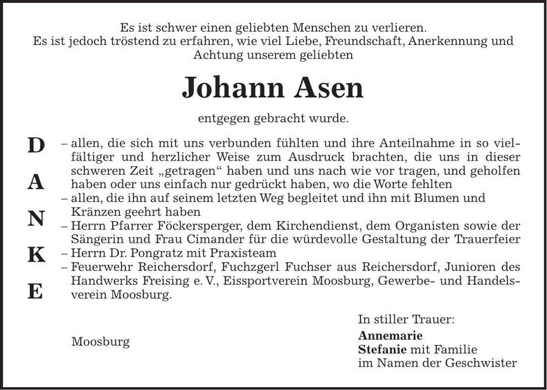Traueranzeige Johann Asen
