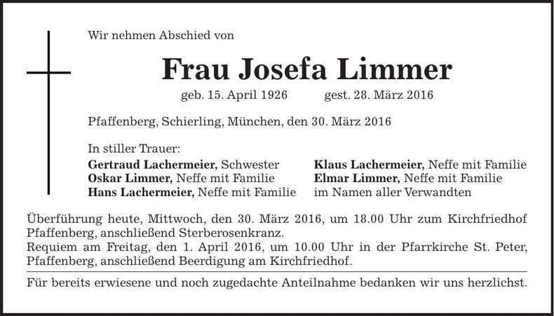 Traueranzeige Josefa Limmer