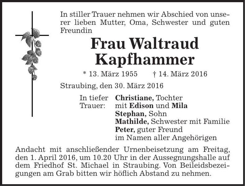 Traueranzeige Waltraud Kapfhammer