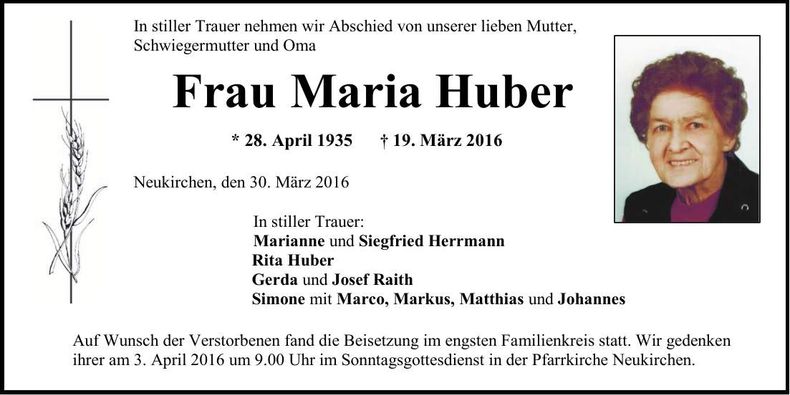 Traueranzeige Maria Huber