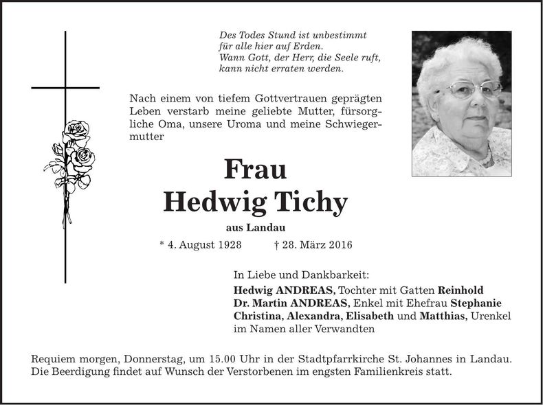 Traueranzeige Hedwig Tichy