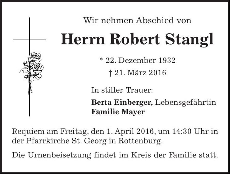 Traueranzeige Robert Stangl