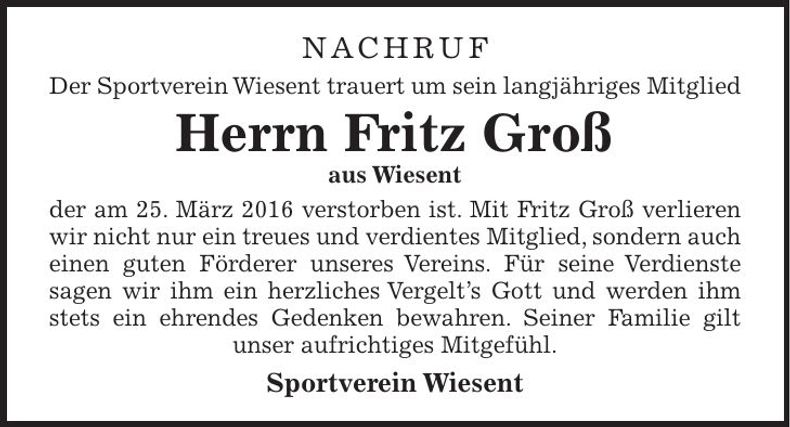 Traueranzeige Fritz Groß