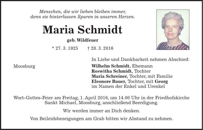 Traueranzeige Maria Schmidt