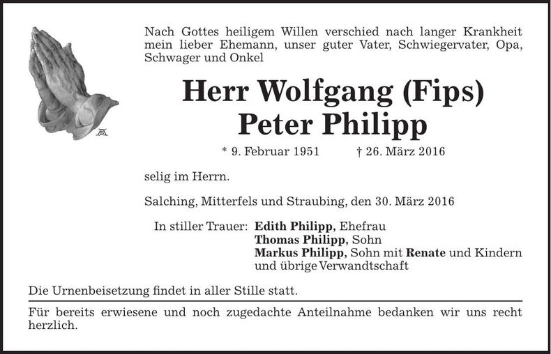 Traueranzeige Wolfgang (Fips) Peter Philipp